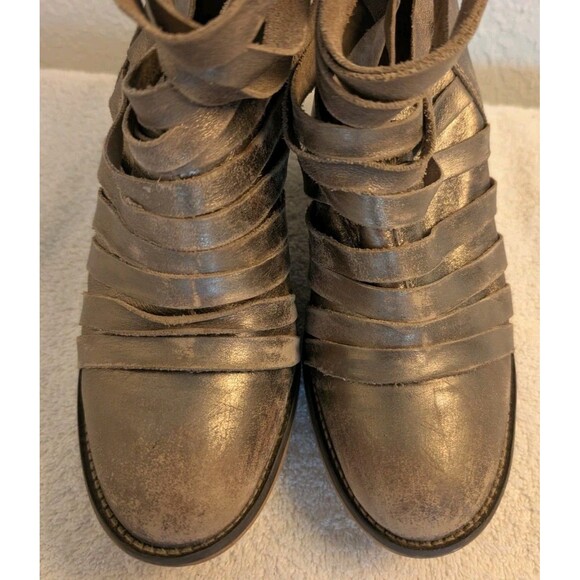 Free People Booties Sz 37 US 7 Silver Hybrid Leather Strappy Ankle Boots Heeled - Picture 3 of 11